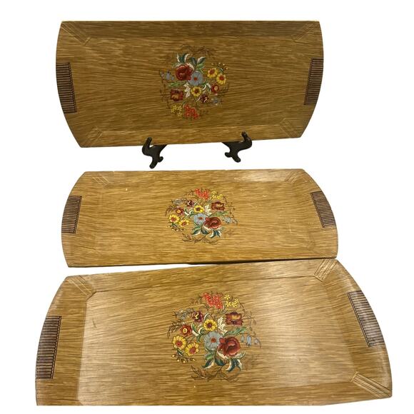 Vintage Set 3 HASKO Faux Wood Ornamental Floral Roses Lithograph Serving Trays - Picture 1 of 7